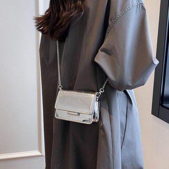 Neiman Marcus Silver Croco Leather Design Mini Crossbody Bag - Picture 1 of 7